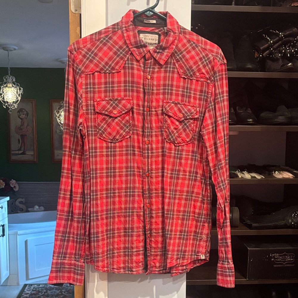 Guess Men's Red and White Checkered Shirt